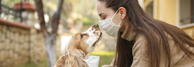Woman wearing mask and her dog is smelling her nose.