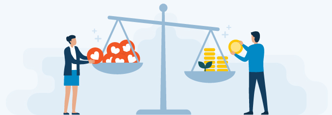 Scale depicting accumulation of love on one side, money on the other.