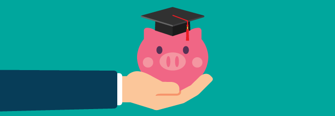 Someone holding a piggy bank wearing a graduation cap